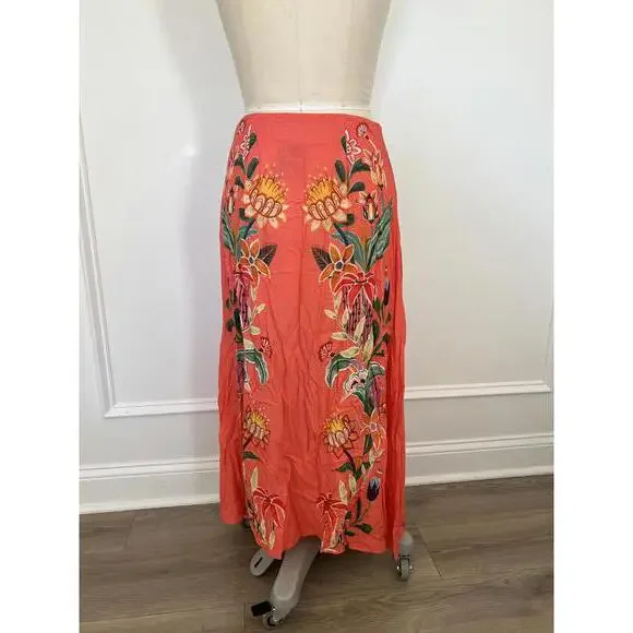 Farm Rio - Coral Floral Midi Skirt with Vibrant Print, Size M - Picture 7 of 10